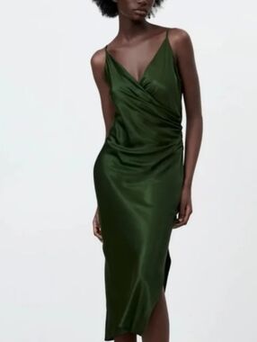 ZARA Olive Green Draped Satin Ruched Midi Dress